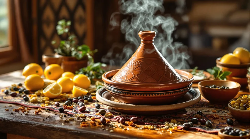 Traditional Moroccan clay tajine pot on wooden table with preserved lemons, olives, and aromatic spices, set against Moroccan textile runner