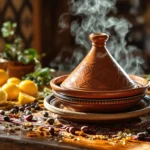 Traditional Moroccan clay tajine pot on wooden table with preserved lemons, olives, and aromatic spices, set against Moroccan textile runner