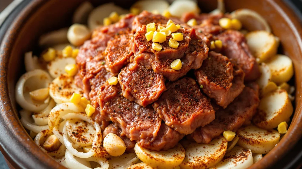 Layered tajine preparation showing marinated lamb arranged over sliced onions with preserved lemons and garlic cloves in traditional clay base