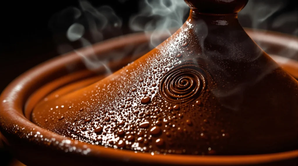 Steam condensation patterns inside tajine cone lid with dramatic lighting highlighting water droplets against terracotta clay texture