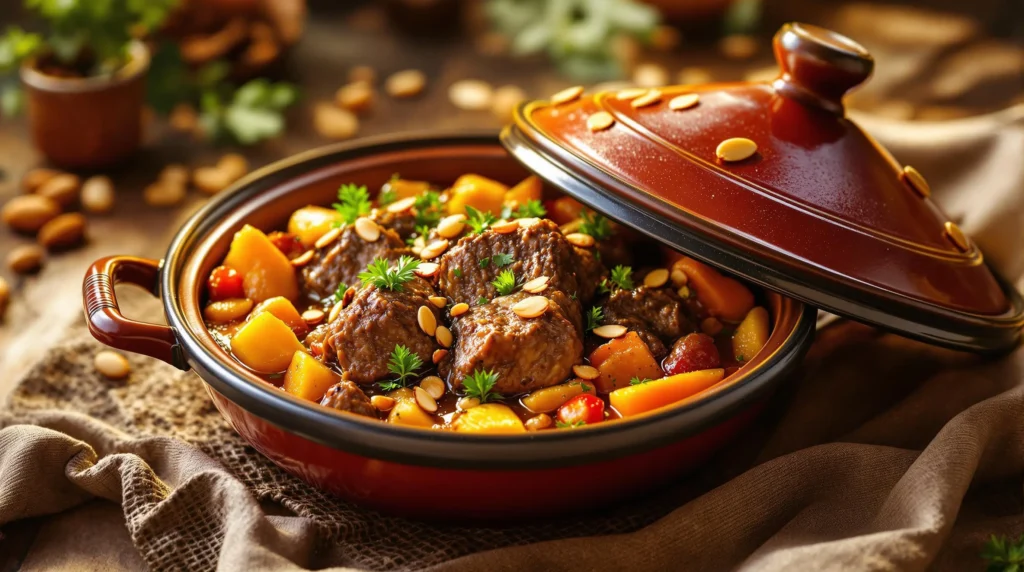 Tender lamb tajine with vegetables in rich sauce, garnished with fresh herbs and almonds, served on rustic wooden surface with Moroccan decor