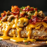 Alice Springs Chicken with melted cheese, bacon, and honey mustard sauce on wooden board, showcasing layered toppings and golden-brown grilled chicken