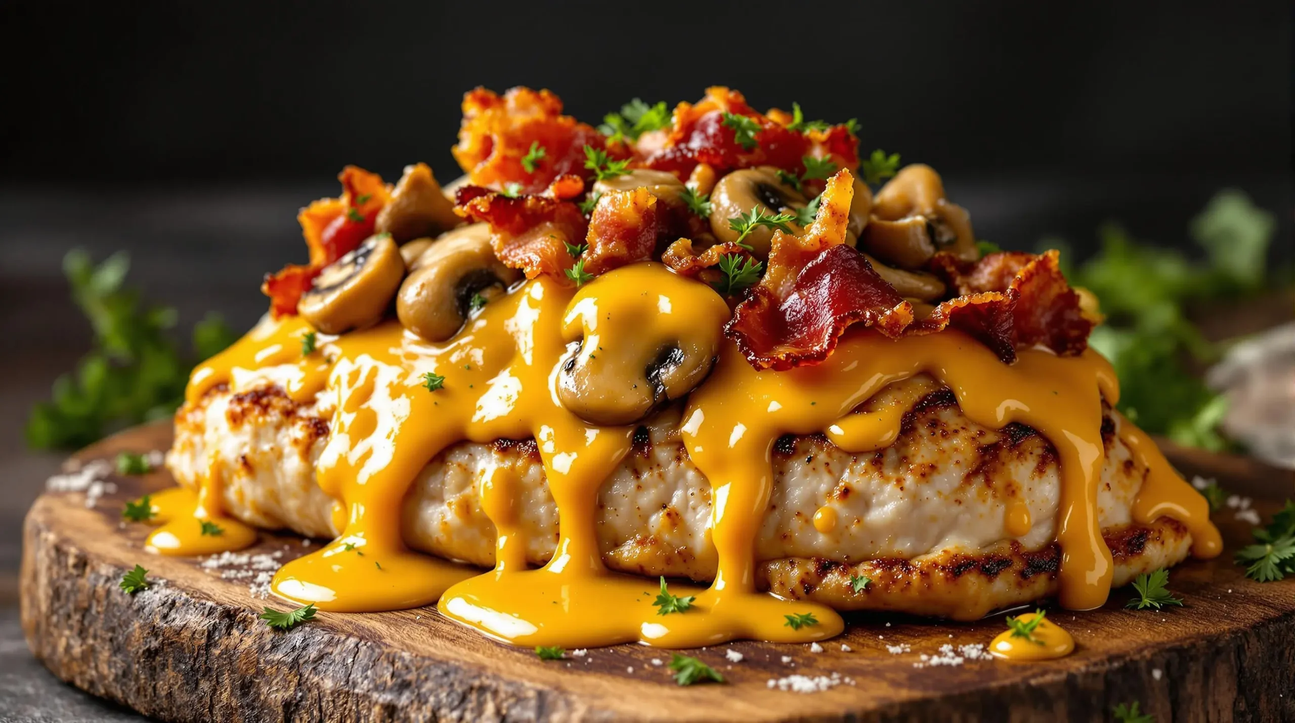 Alice Springs Chicken with melted cheese, bacon, and honey mustard sauce on wooden board, showcasing layered toppings and golden-brown grilled chicken