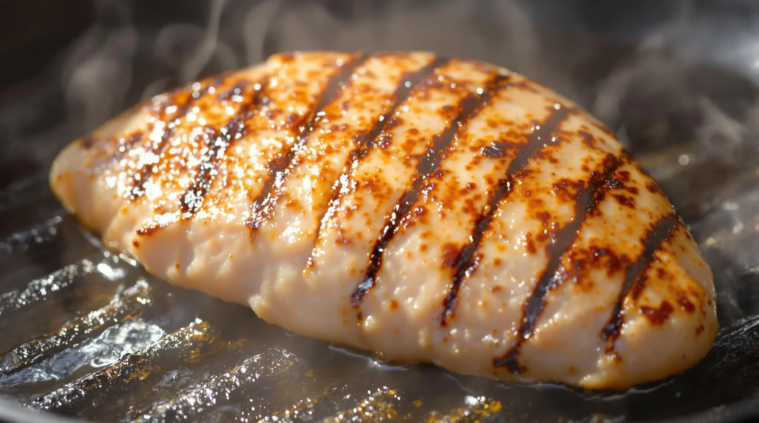 Chicken breast searing on cast iron grill pan with visible grill marks and rising steam, showing caramelization forming on surface