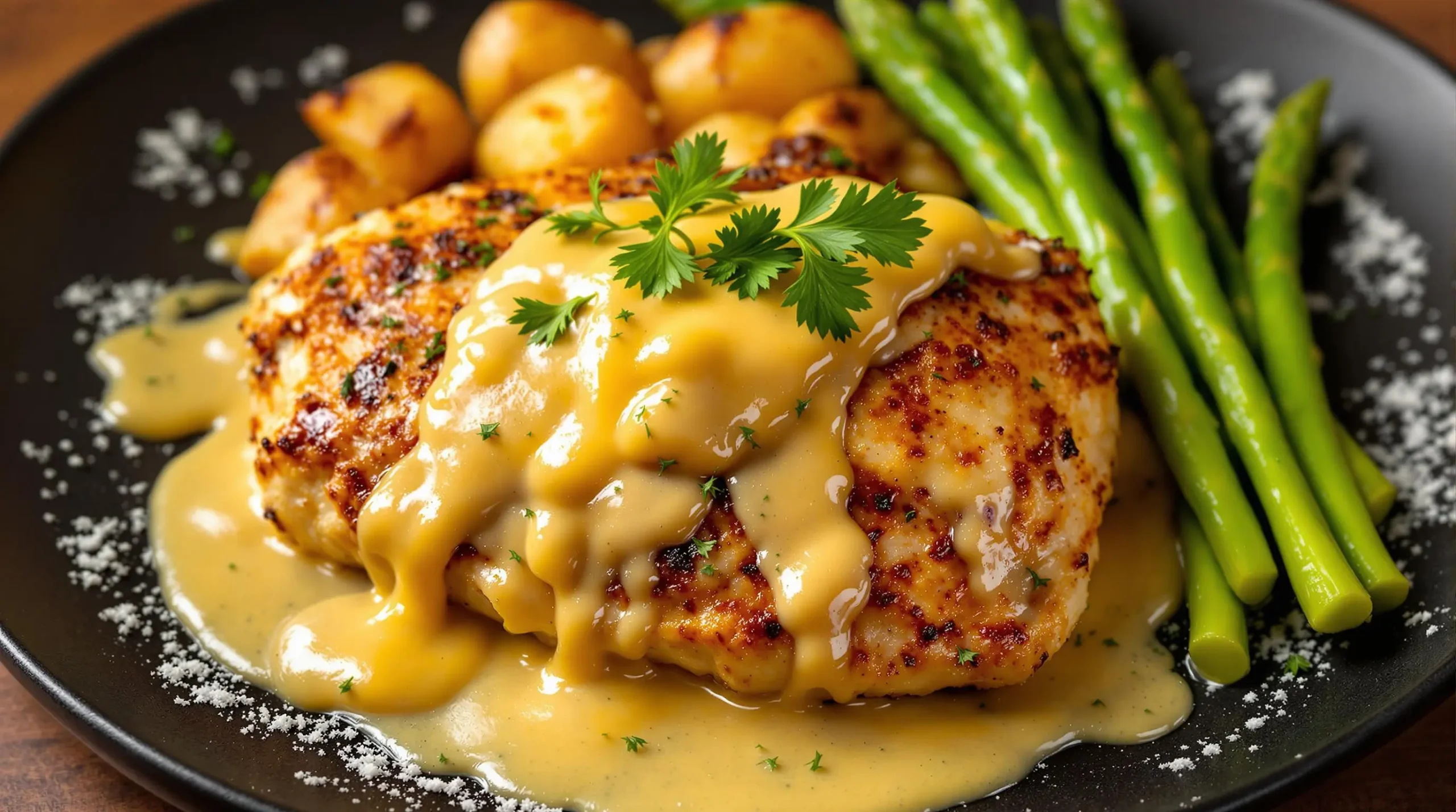 Plated Alice Springs Chicken with honey mustard drizzle, melted cheese, served with roasted potatoes and asparagus on black ceramic plate