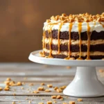 Decadent chocolate poke cake with caramel drizzle on white ceramic stand, topped with whipped cream and toffee pieces against rustic wood