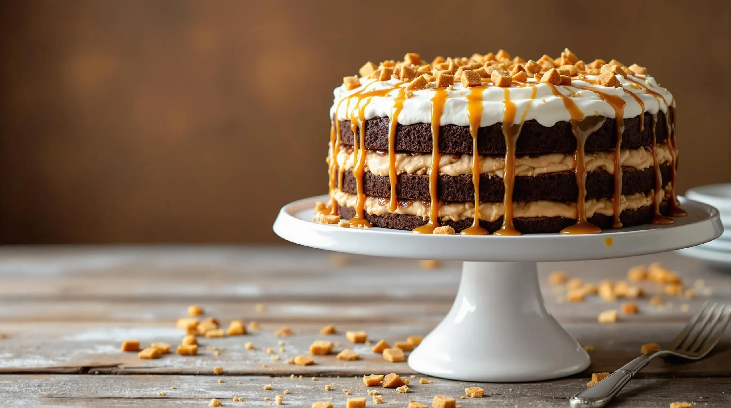 Decadent chocolate poke cake with caramel drizzle on white ceramic stand, topped with whipped cream and toffee pieces against rustic wood