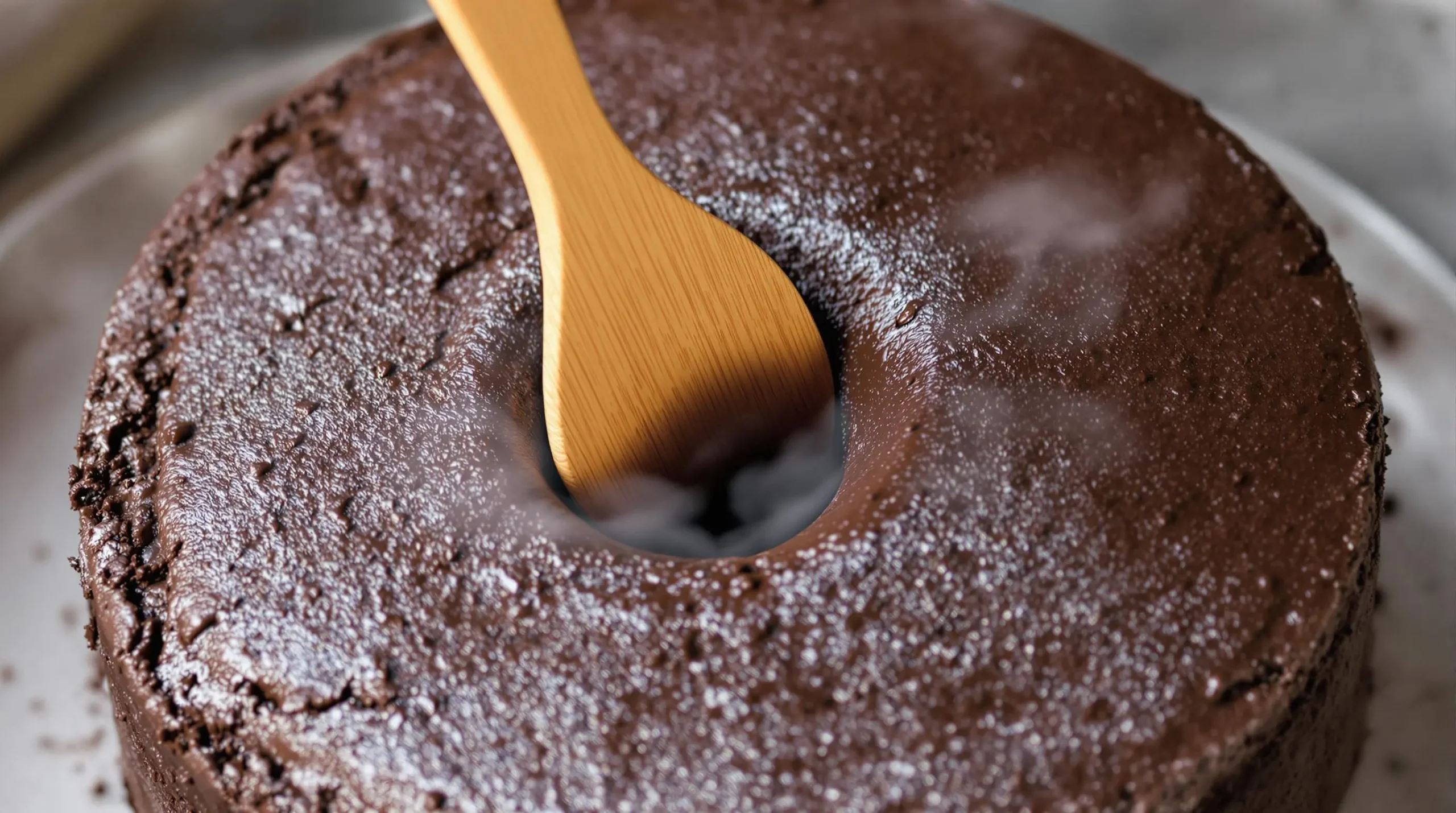 Wooden spoon creating holes in steaming chocolate cake, showing precise poking technique with natural light highlighting cake texture