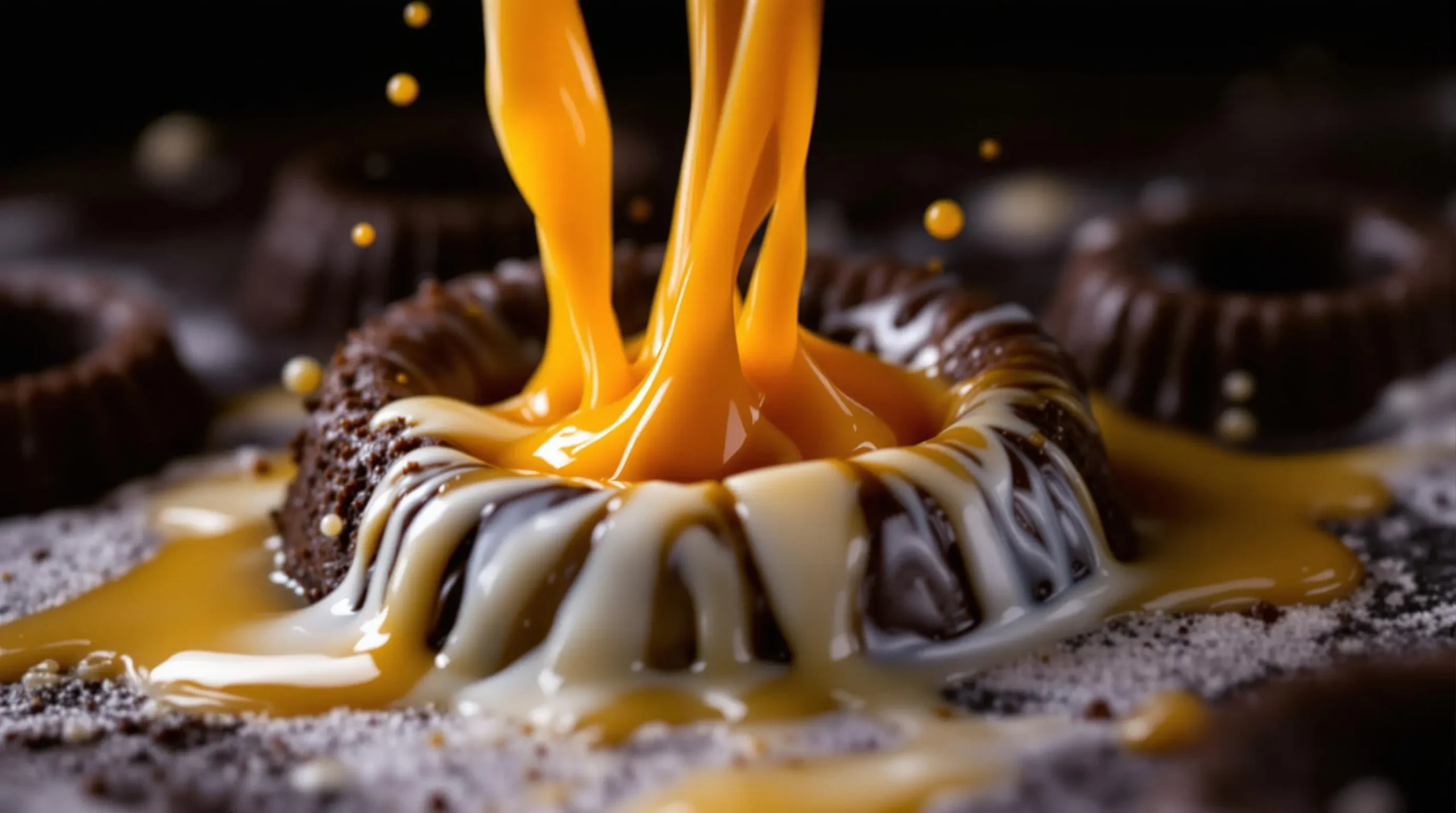 Golden caramel and condensed milk swirling together as they pour into chocolate cake holes, capturing rich flowing texture