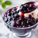 Deep purple blueberry compote drizzled over vanilla ice cream in glass bowl, garnished with fresh berries and mint against marble surface