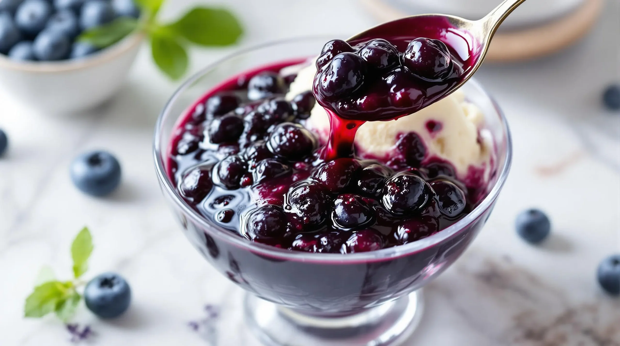 Deep purple blueberry compote drizzled over vanilla ice cream in glass bowl, garnished with fresh berries and mint against marble surface