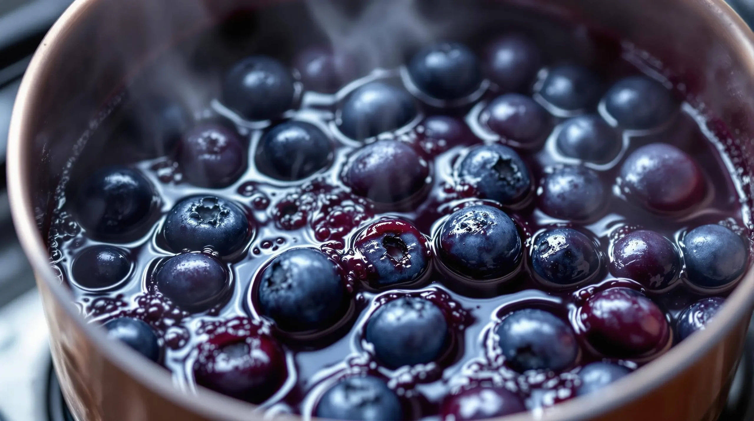 Fresh blueberries simmering in copper pot, releasing purple juices with gentle steam rising and bubbles forming around edges