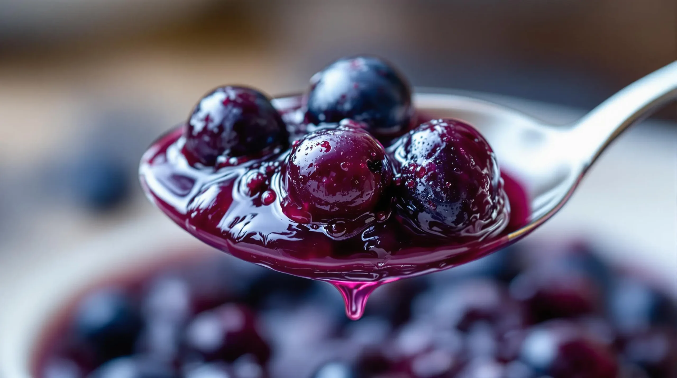 Close-up of glossy blueberry compote dripping from spoon, showing texture of whole and burst berries in translucent purple sauce