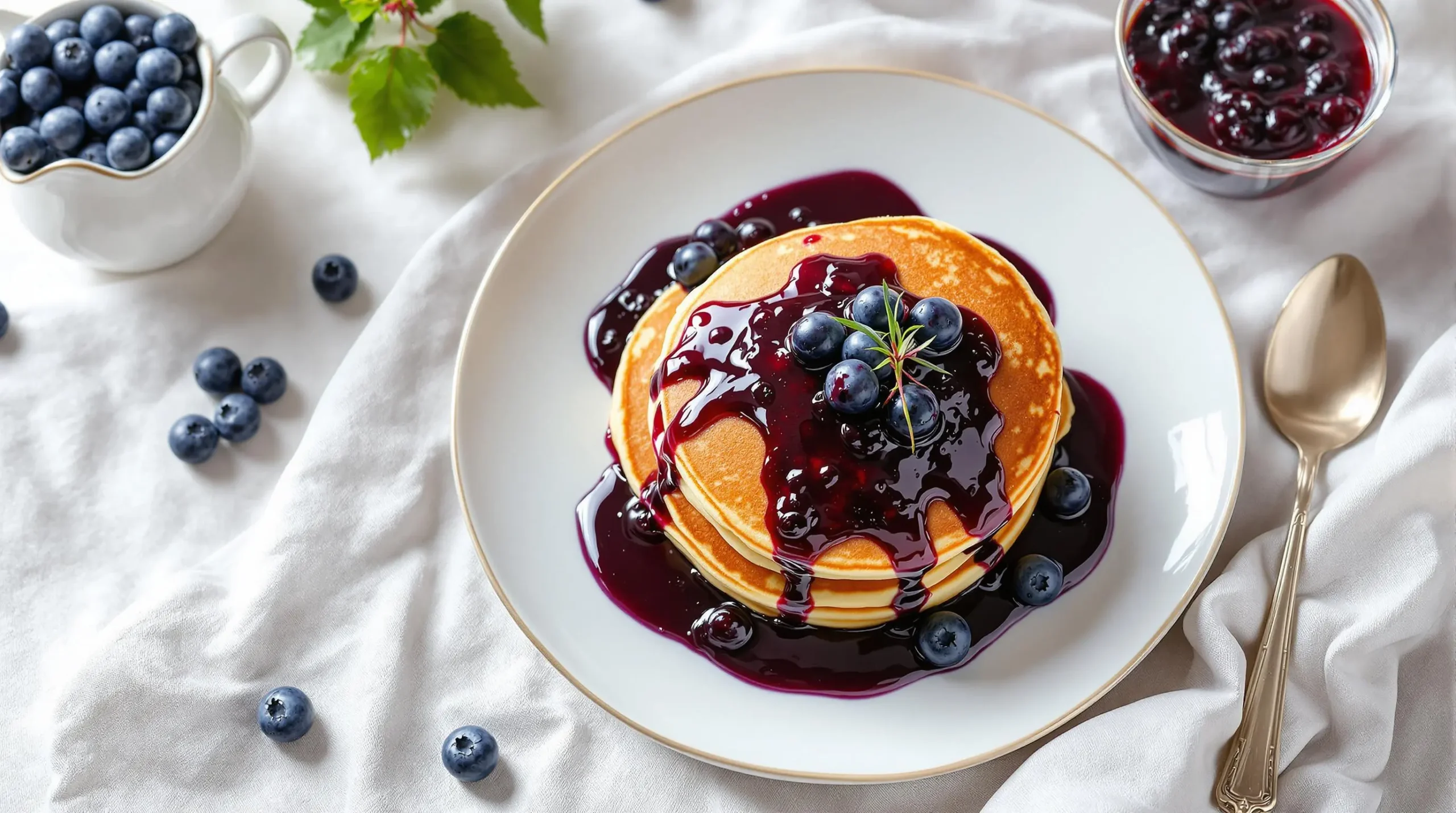 Golden stack of pancakes with purple blueberry compote cascading down sides, garnished with fresh berries on white ceramic plate