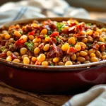 Homestyle calico beans with ground beef and bacon in rustic ceramic dish, featuring colorful mix of kidney, butter, and pork beans in glossy sauce