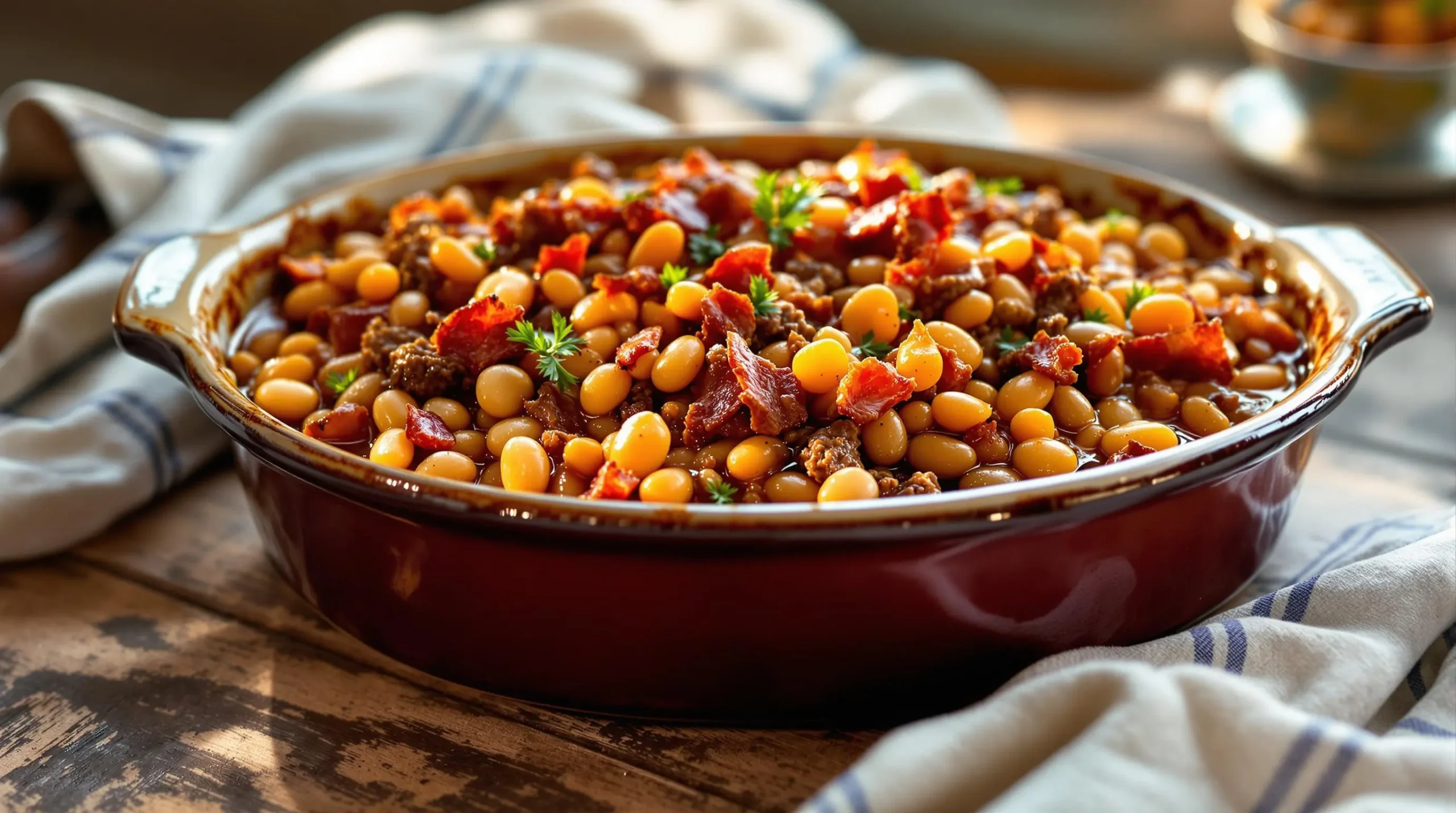 Homestyle calico beans with ground beef and bacon in rustic ceramic dish, featuring colorful mix of kidney, butter, and pork beans in glossy sauce