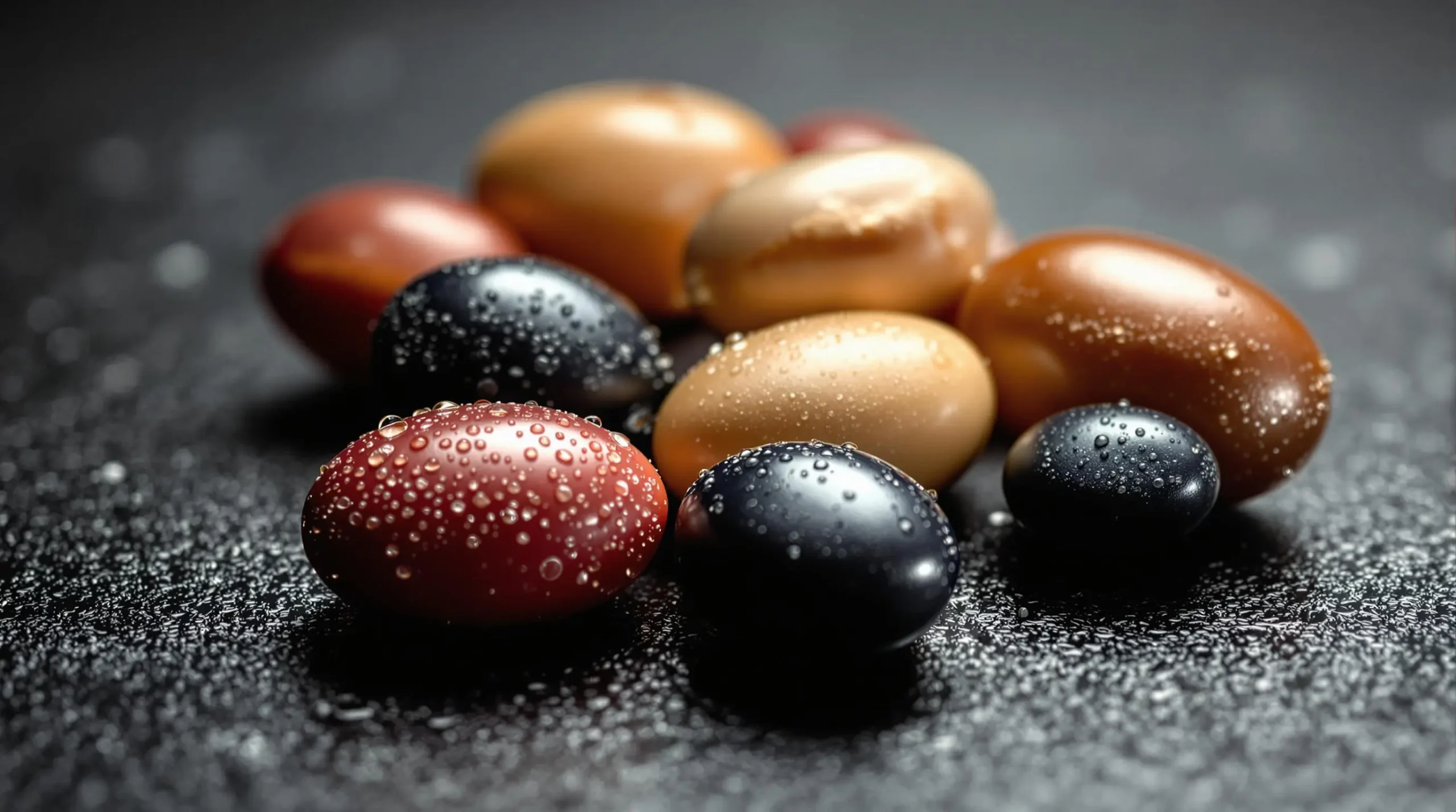 Macro view of glossy kidney, butter, and navy beans highlighting distinct textures and colors with water droplets on black surface