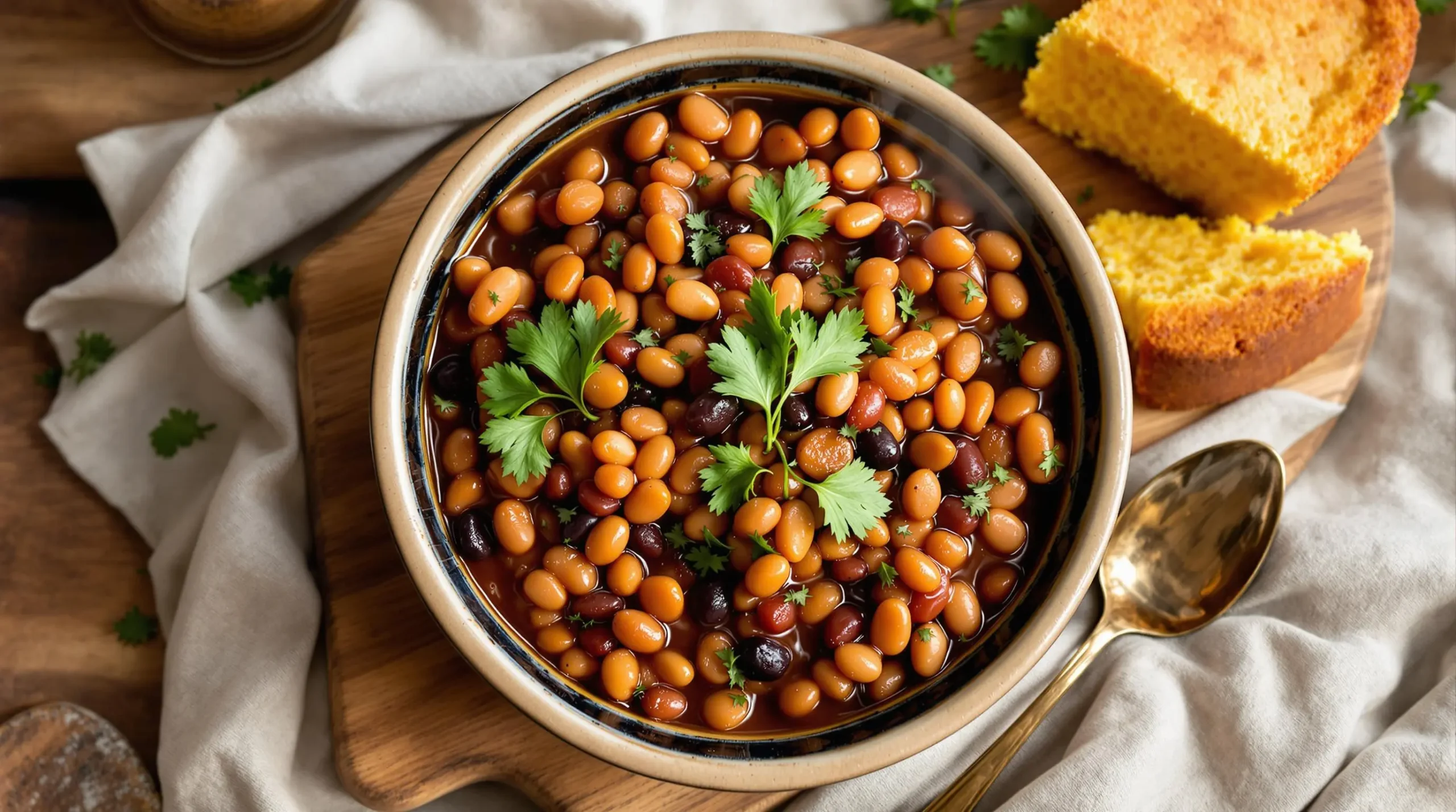 Overhead view of steaming calico beans in pottery bowl with cornbread, parsley garnish, and vintage serving spoon on wooden board