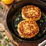 Golden-brown salmon patties arranged in cast-iron skillet with fresh herbs and lemon wedges on rustic wooden table