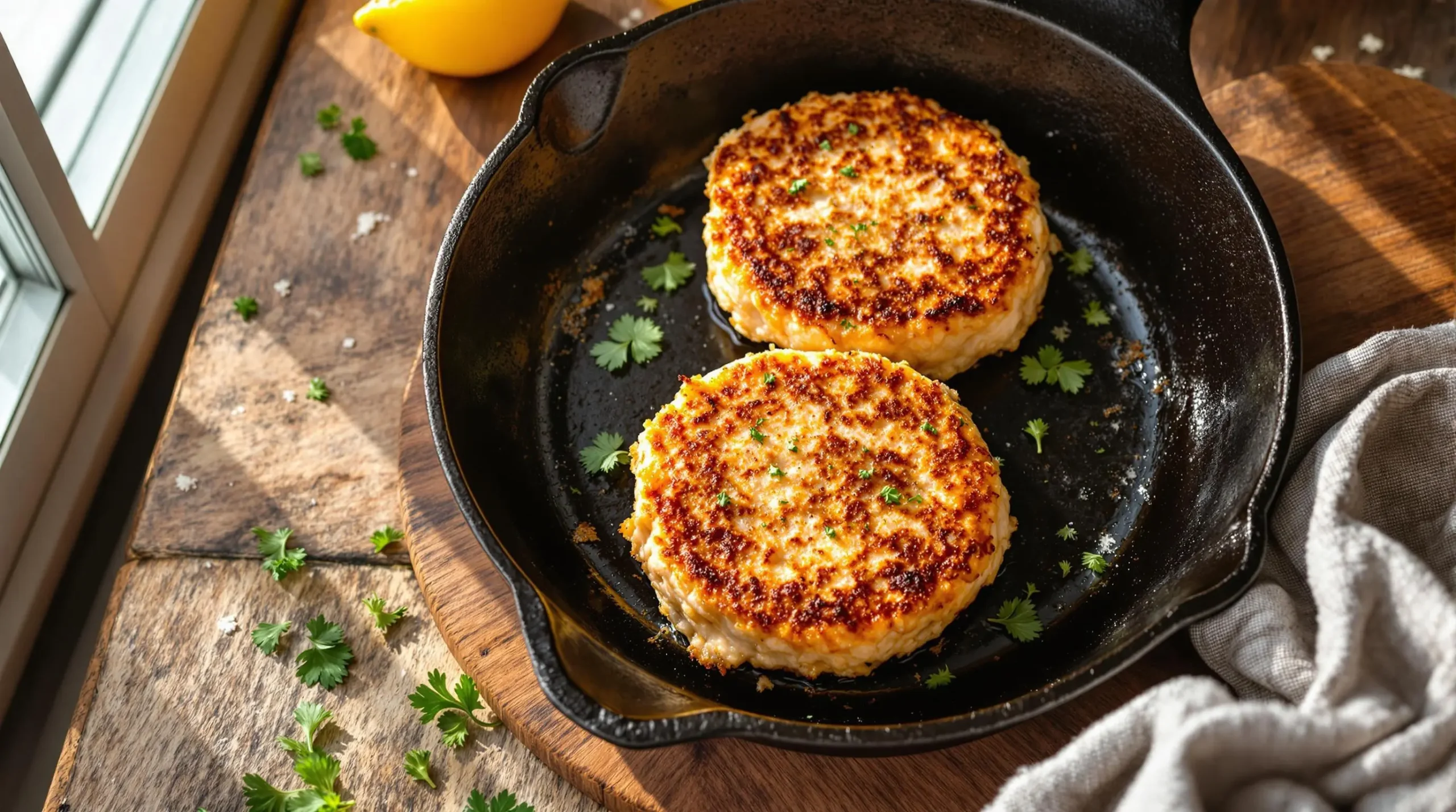 Golden-brown salmon patties arranged in cast-iron skillet with fresh herbs and lemon wedges on rustic wooden table