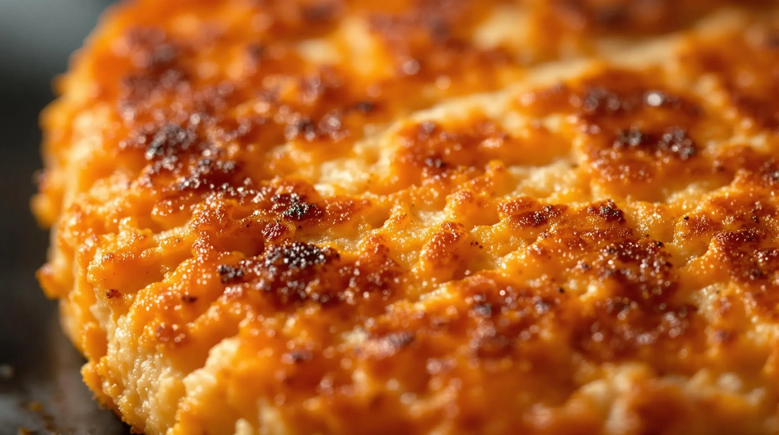 Extreme close-up of salmon patty's crispy golden crust showing intricate texture and herb flecks in warm lighting