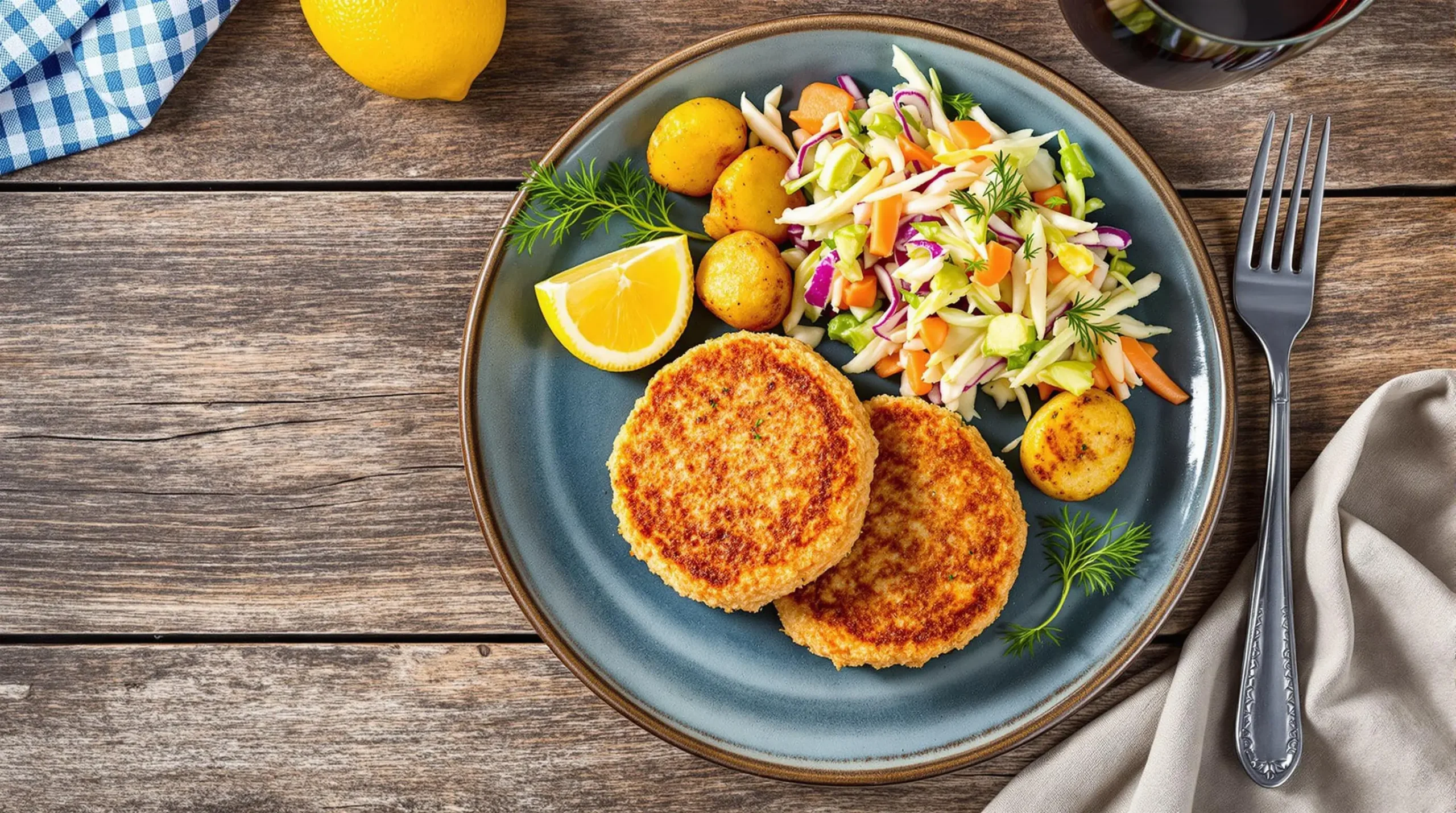 Plated salmon patties with coleslaw and roasted potatoes garnished with dill and lemon on rustic ceramic dish