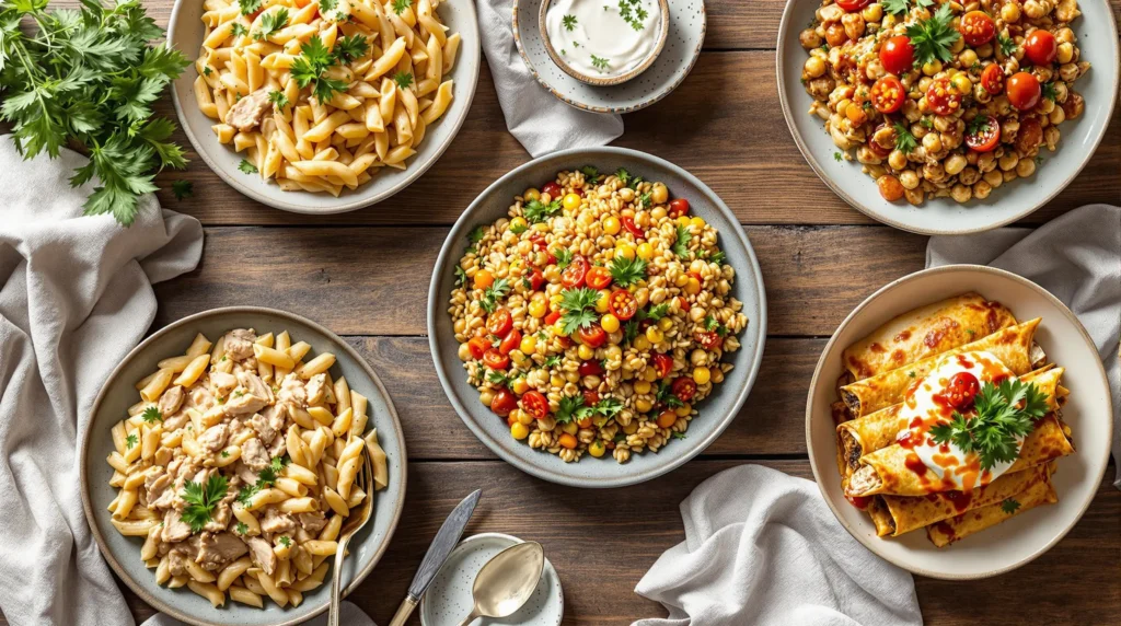 Elegant spread of rotisserie chicken dishes including creamy pasta, grain bowl, and enchiladas arranged on rustic wooden table with fresh herbs