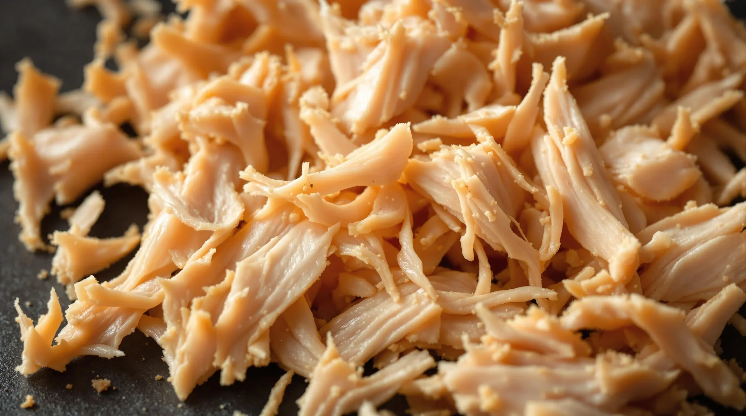 Macro view of moist, perfectly shredded rotisserie chicken showing natural meat texture and grain against dark background