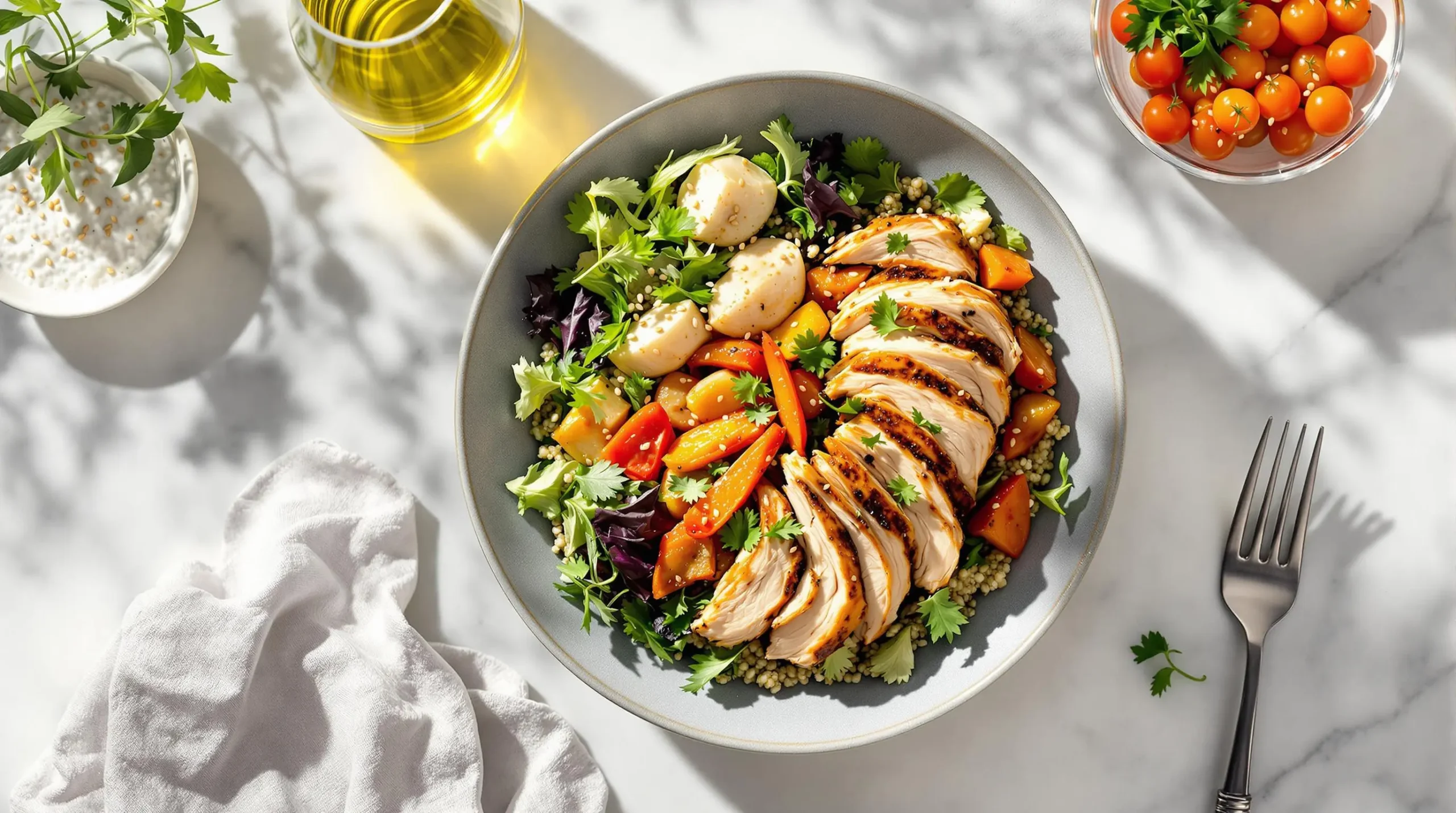 Vibrant chicken grain bowl with quinoa, roasted vegetables, shredded rotisserie chicken, microgreens and sesame seeds on ceramic plate