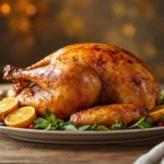 Golden-brown roasted turkey on rustic wooden table, garnished with fresh herbs and citrus, showcasing perfectly crispy skin and moist texture