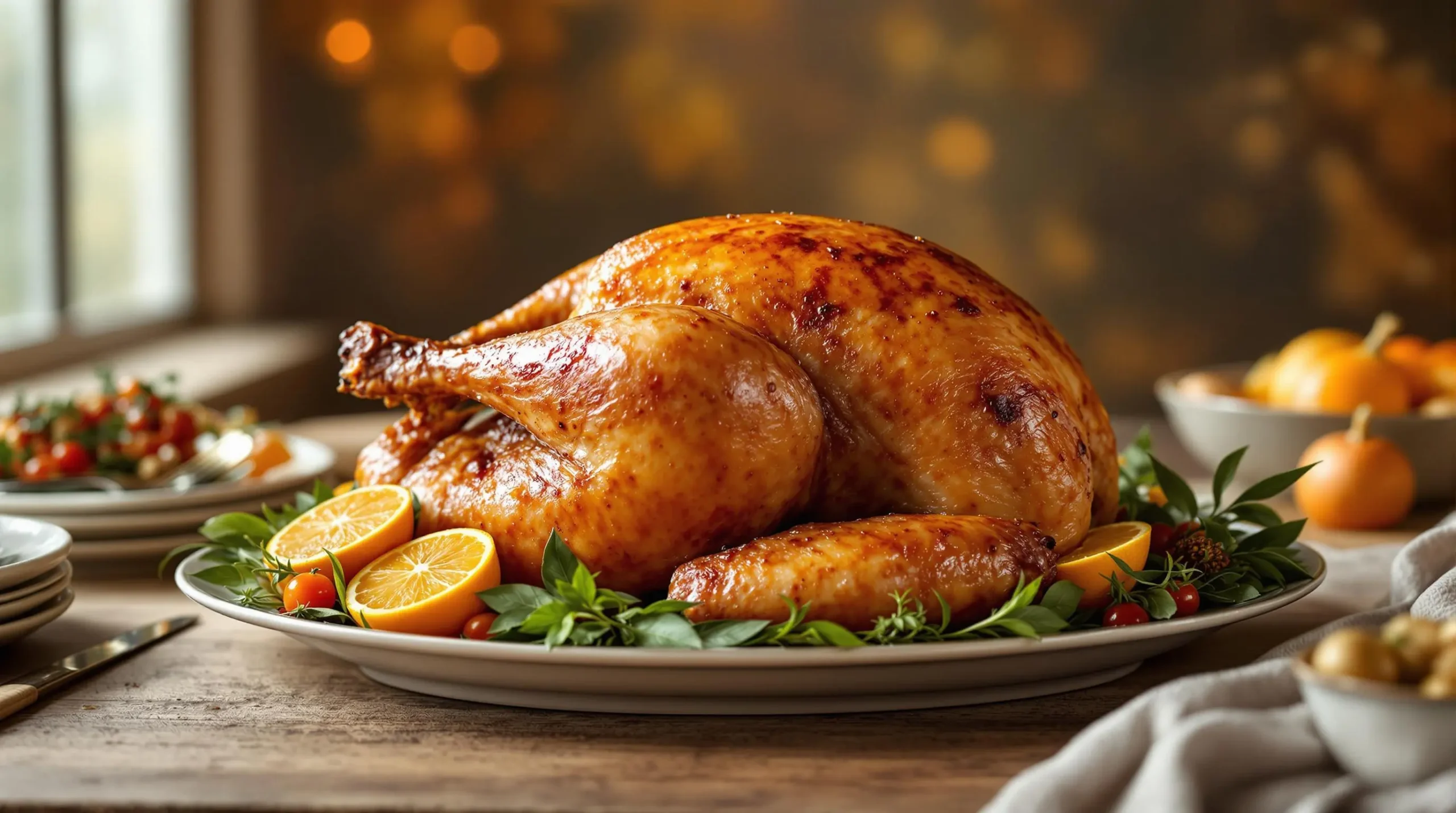 Golden-brown roasted turkey on rustic wooden table, garnished with fresh herbs and citrus, showcasing perfectly crispy skin and moist texture