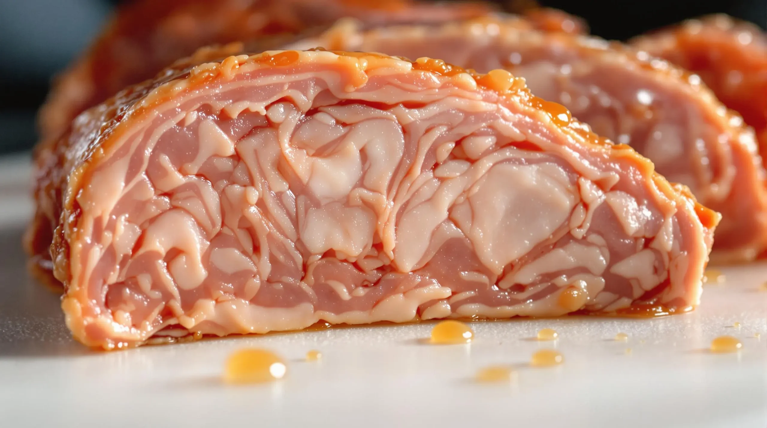 Macro view of injected turkey breast meat showing marbled pattern of distributed marinade within meat fibers and glistening moisture droplets