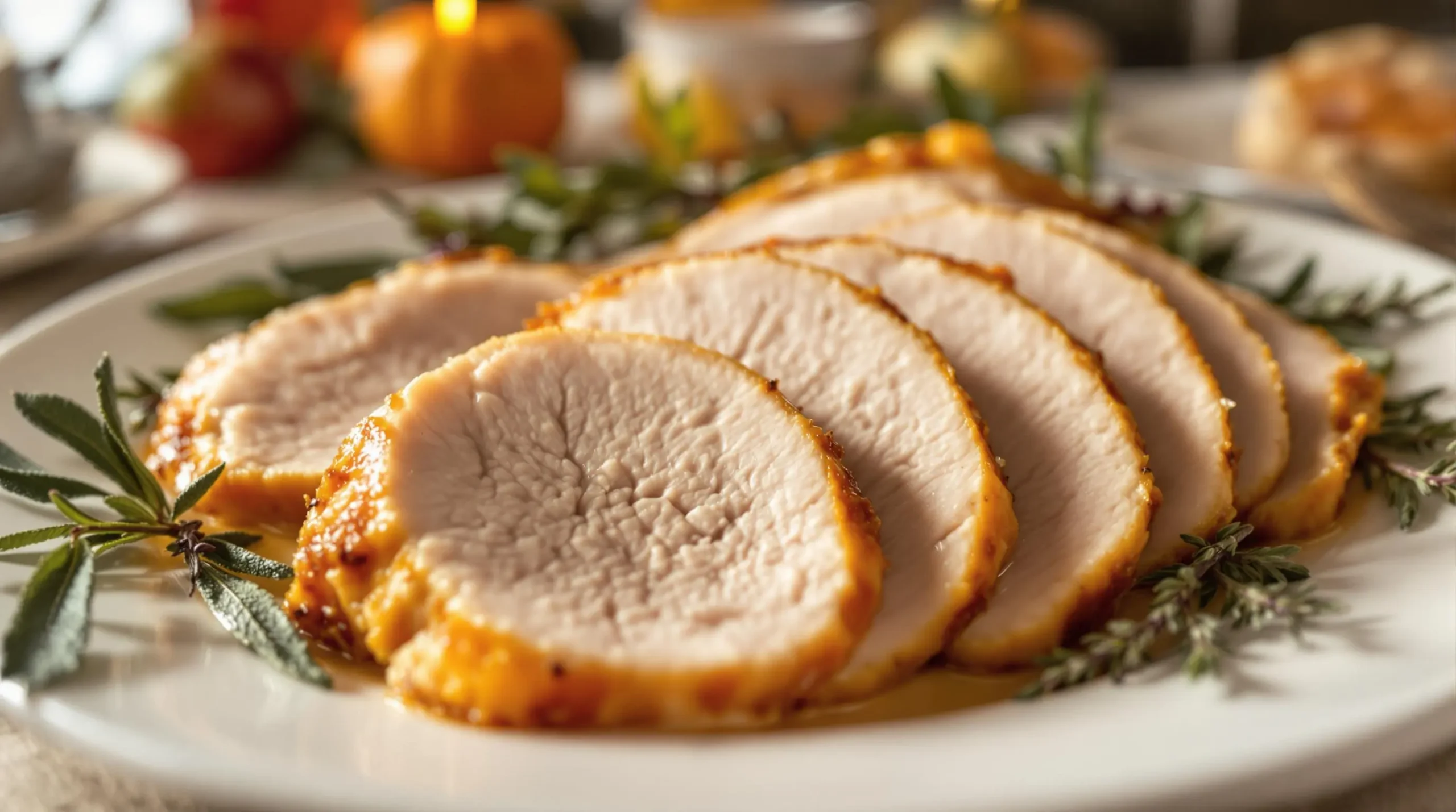 Carved turkey breast slices fanned on white platter with golden skin and herbs, displaying juicy texture and perfect moisture content