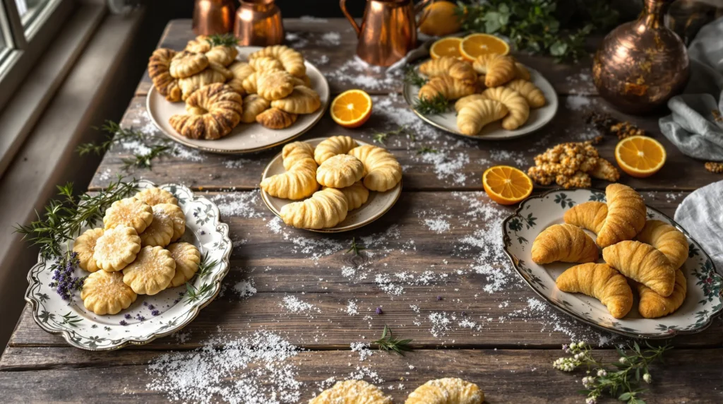 Artisanal cookies including rosemary-lime shortbread and lavender snickerdoodles arranged on vintage plates with fresh herbs and citrus garnish