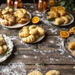 Artisanal cookies including rosemary-lime shortbread and lavender snickerdoodles arranged on vintage plates with fresh herbs and citrus garnish