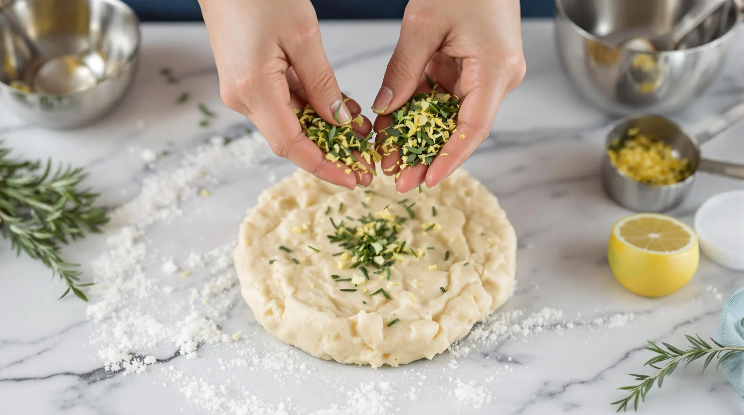 Hands sprinkling fresh rosemary and lime zest over cookie dough on marble surface, capturing the vibrant colors and textures