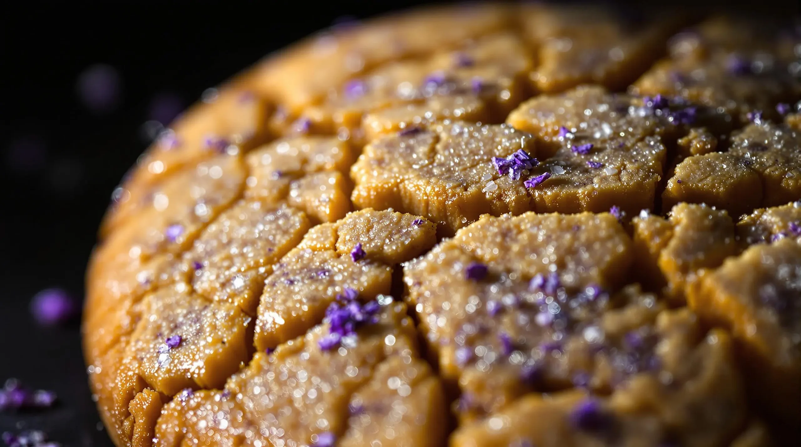 Extreme close-up of lavender-honey snickerdoodle showing crackled surface, purple buds, and crystallized honey glaze texture