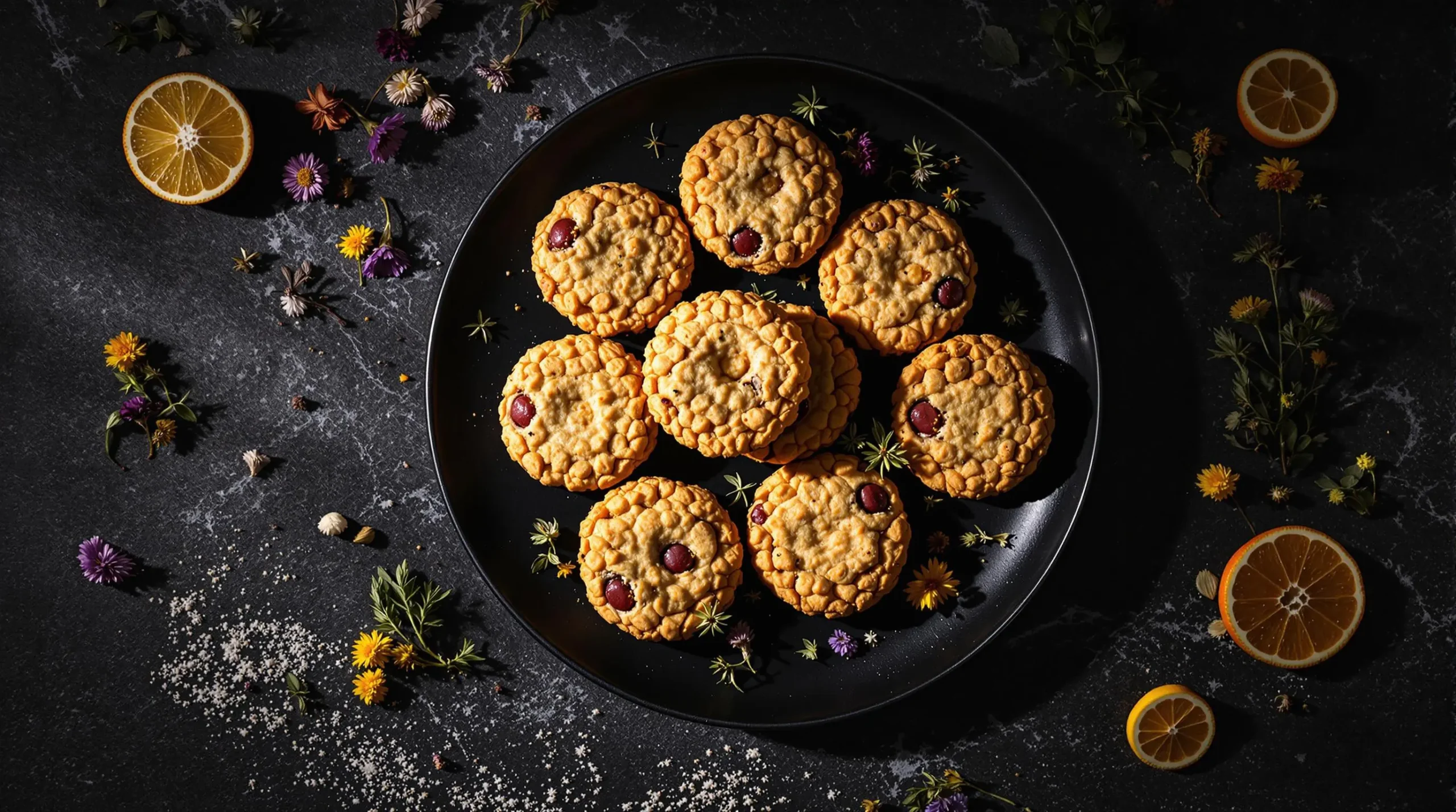 Elegant arrangement of herb-infused artisanal cookies on black ceramic plate with fresh herbs and citrus garnish in moody lighting